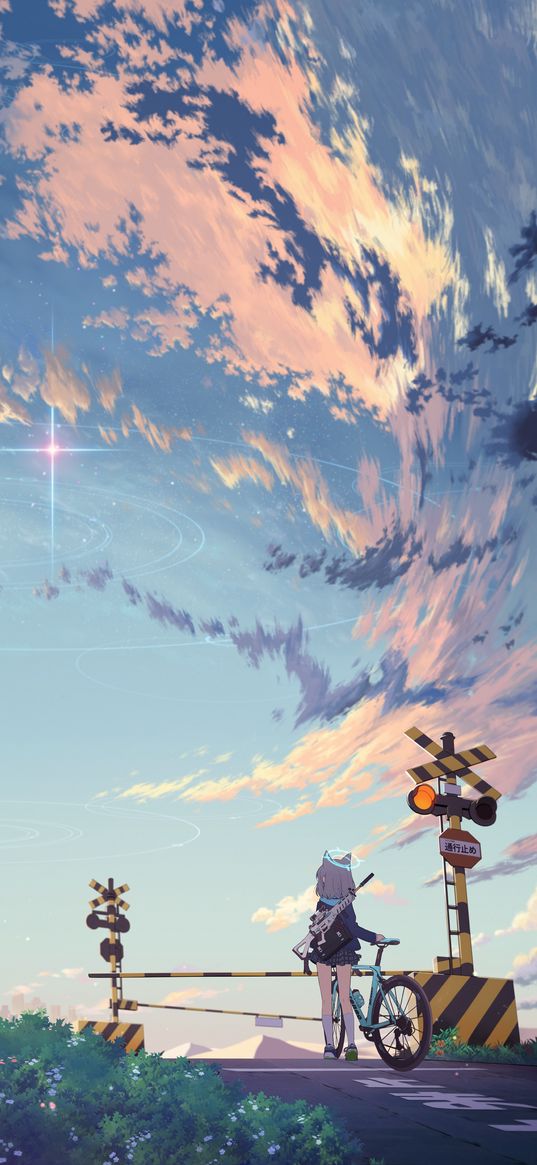 sunaookami shiroko, blue archive, game, anime, girl, neko, bicycle, weapon, railway crossing, clouds, star, sky, art