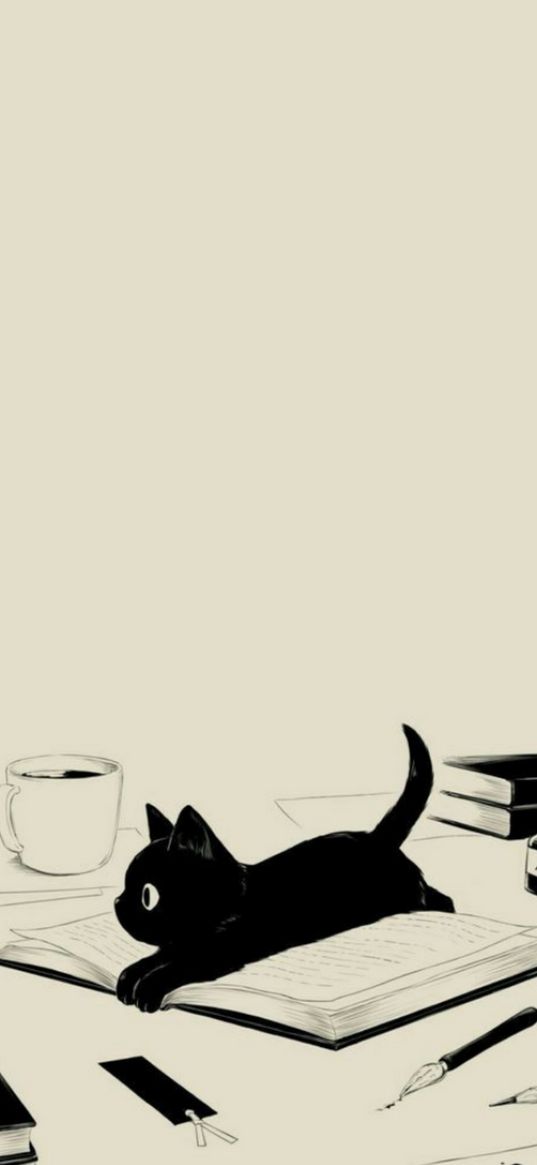 cat, animal, books, coffee, black and white, art