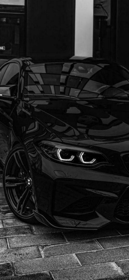 bmw, car, black, yard, black and white