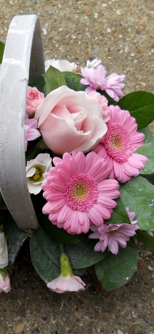 gerberas, roses, carnations, flowers, leaves, trash