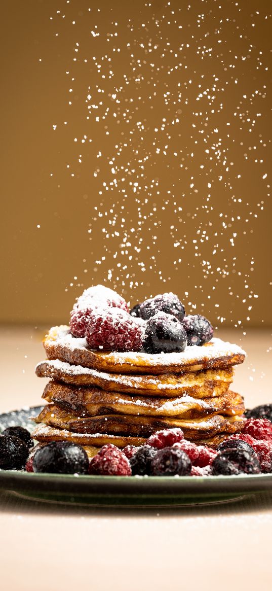 pancakes, berries, powdered sugar, breakfast, dessert