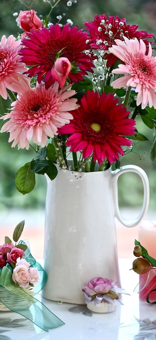 gerbera, gypsophila, roses, flowers, pitcher, basket, candle decoration