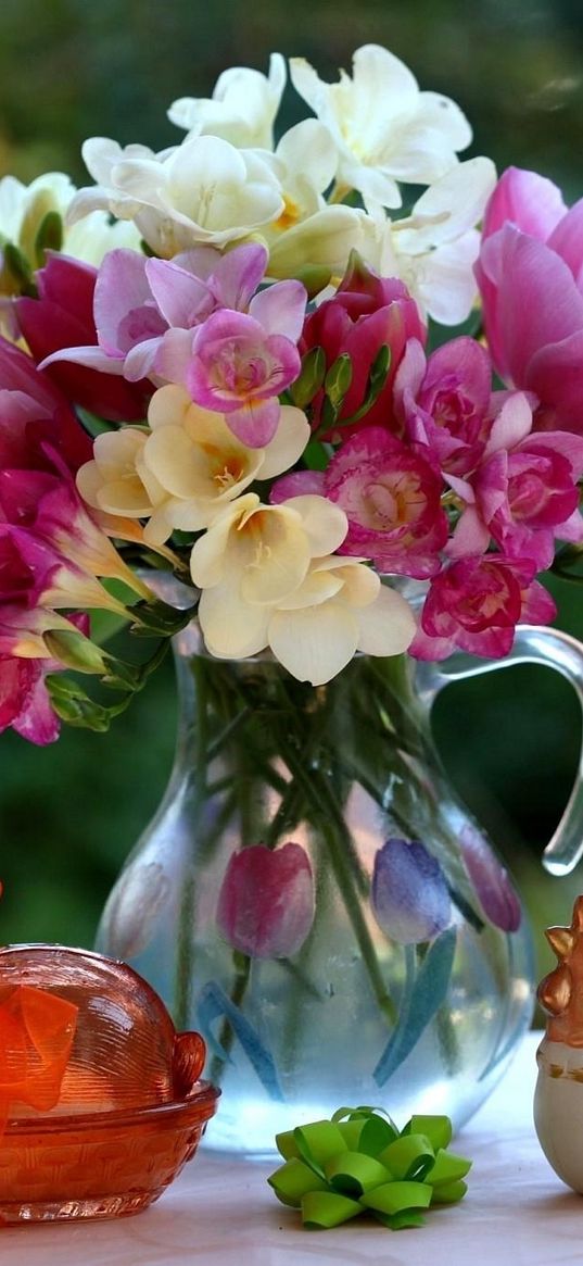 tulips, freesia, flowers, bouquet, jar, figurines, ornaments