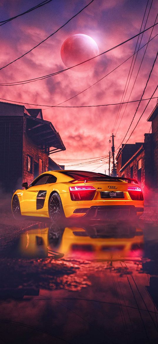 audi r8, audi, sports car, car, yellow, road, houses, puddle, moon, sunset, sky, clouds