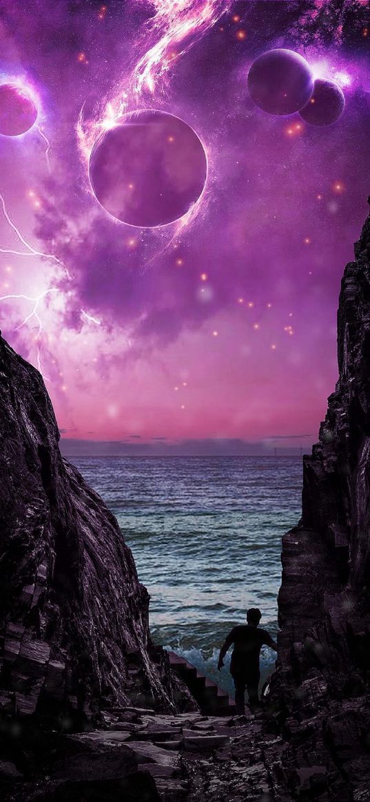 man, ladder, rocks, sea, planets, space, purple, fantasy