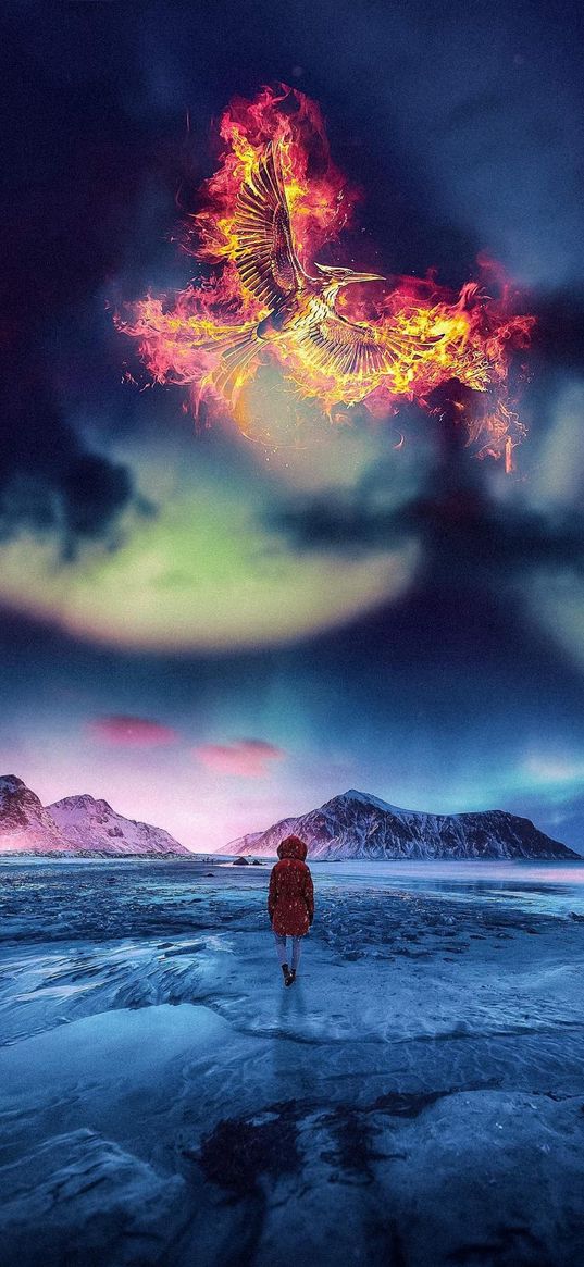 girl, ice, mountains, phoenix, bird, fire, northern lights, sky, fantasy