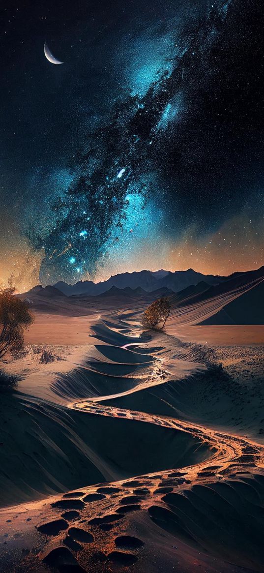 sand, dunes, desert, footprints, milky way, moon, stars, night