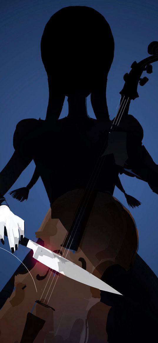 wednesday addams, tv series, girl, silhouette, cello, knife, blue background, art