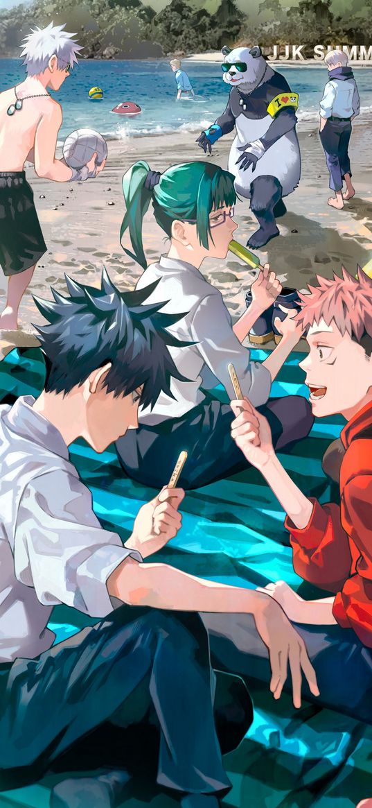 jujutsu kaisen, anime, characters, beach, vacation