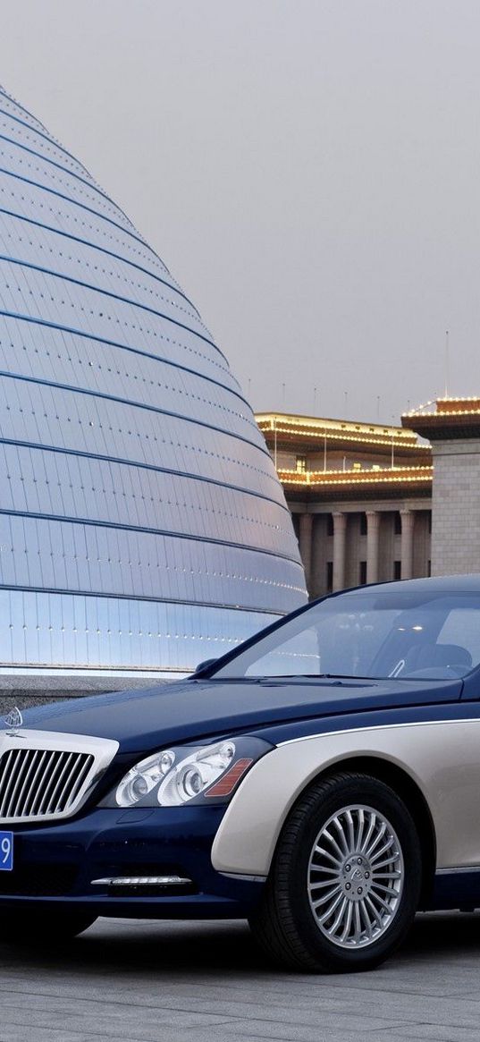 maybach 62 s, white, blue, city, side view