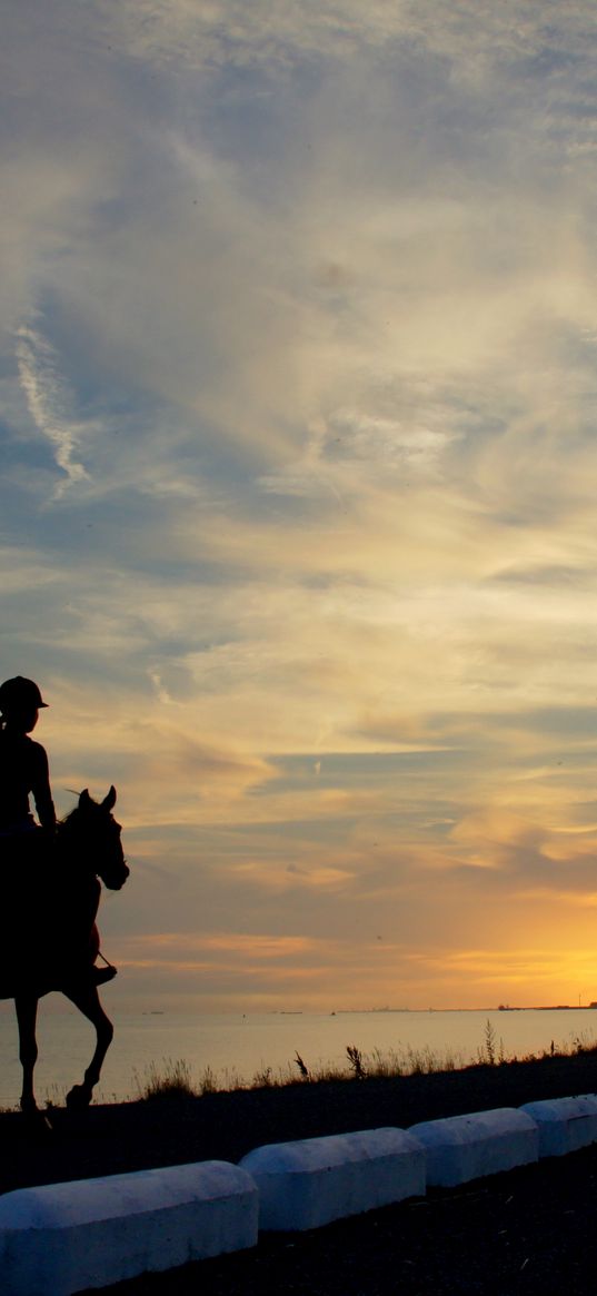 horseback rider, girl, silhouette, horse, lake, borders