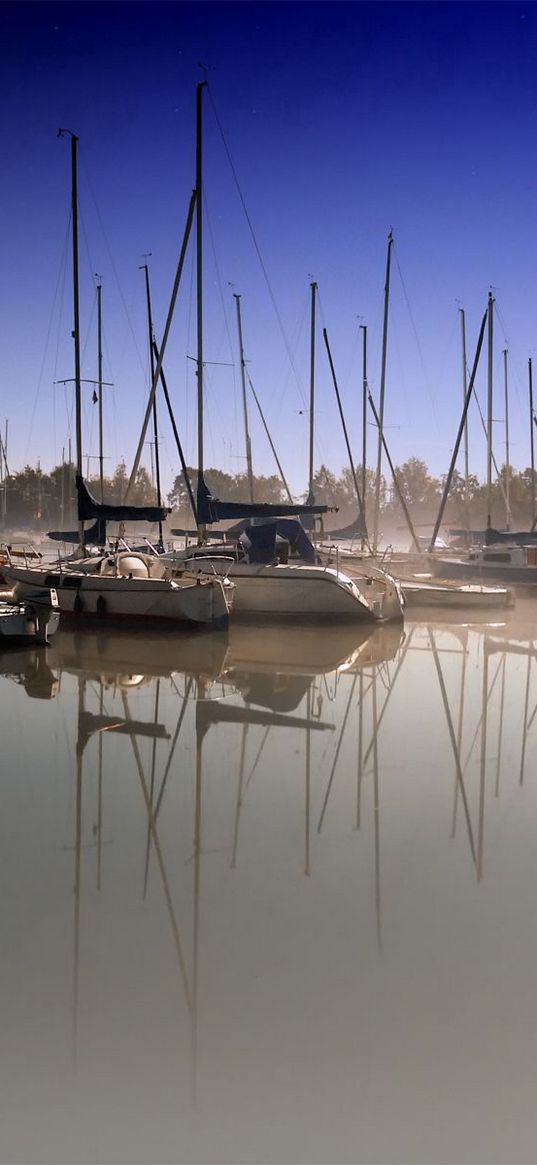 boats, pier, fog, water smooth surface, sailing vessels, morning