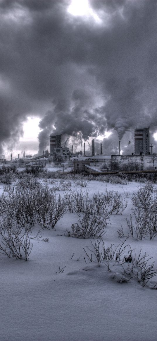 nuclear station, plant, smoke, black-and-white