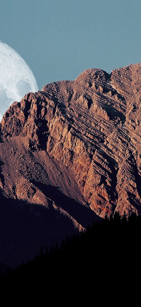 full moon, mountains, shadows, sky, disk