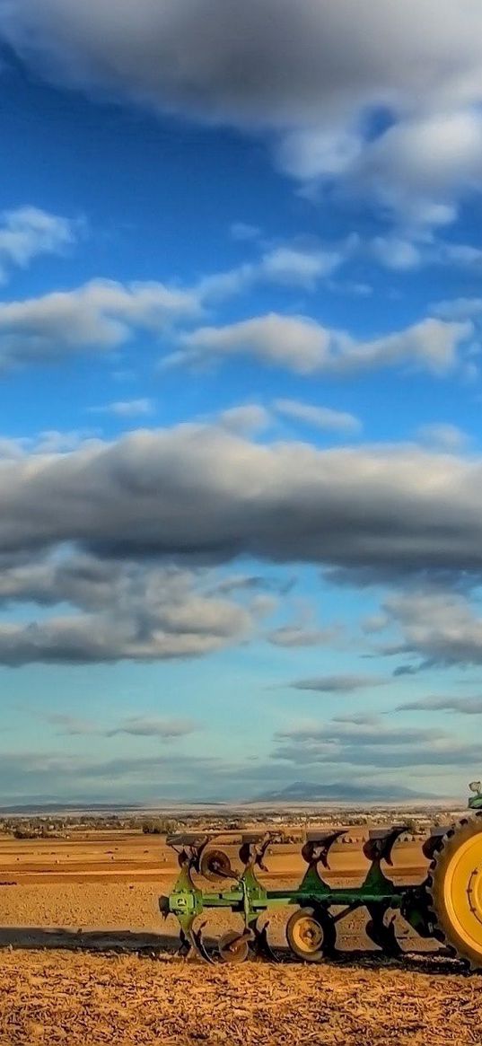 tractor, field, plowing, clouds, agriculture