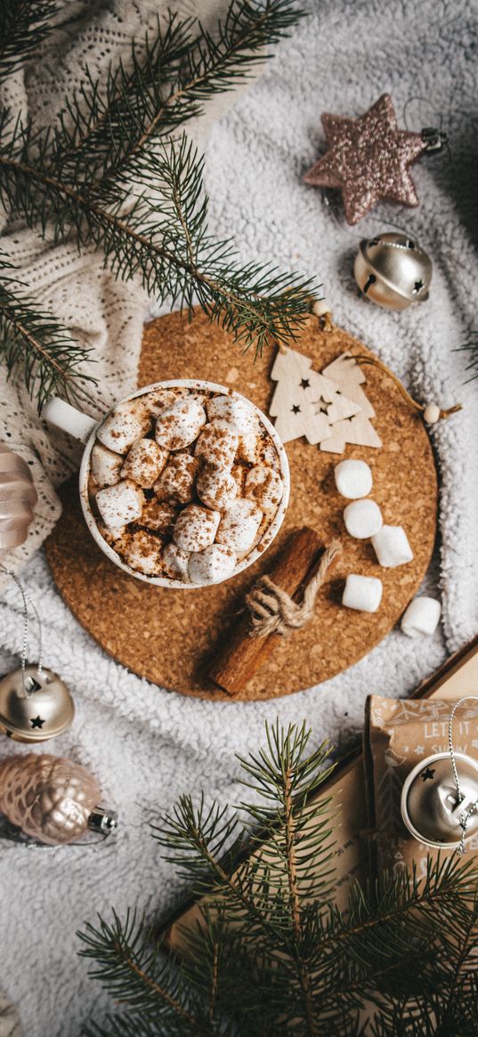 coffee, drink, cup, christmas tree, decorations, winter