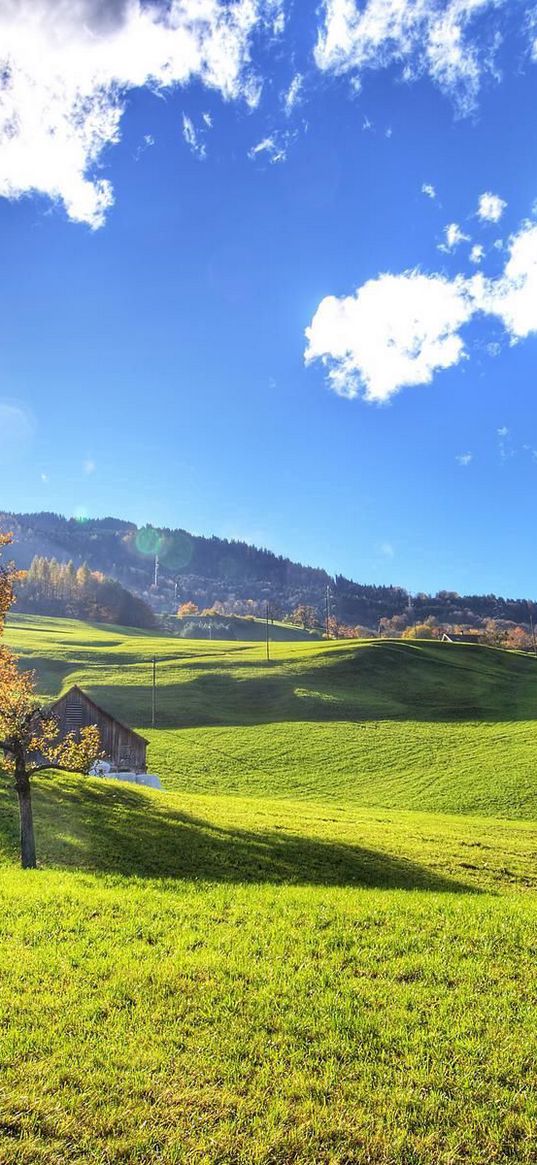 sun, light, lodge, fields, lawns, slopes, beams, autumn, indian summer, heat