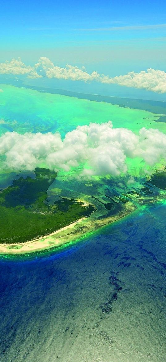 sharply, land, clouds, height, sea, ocean, green, dark blue, white