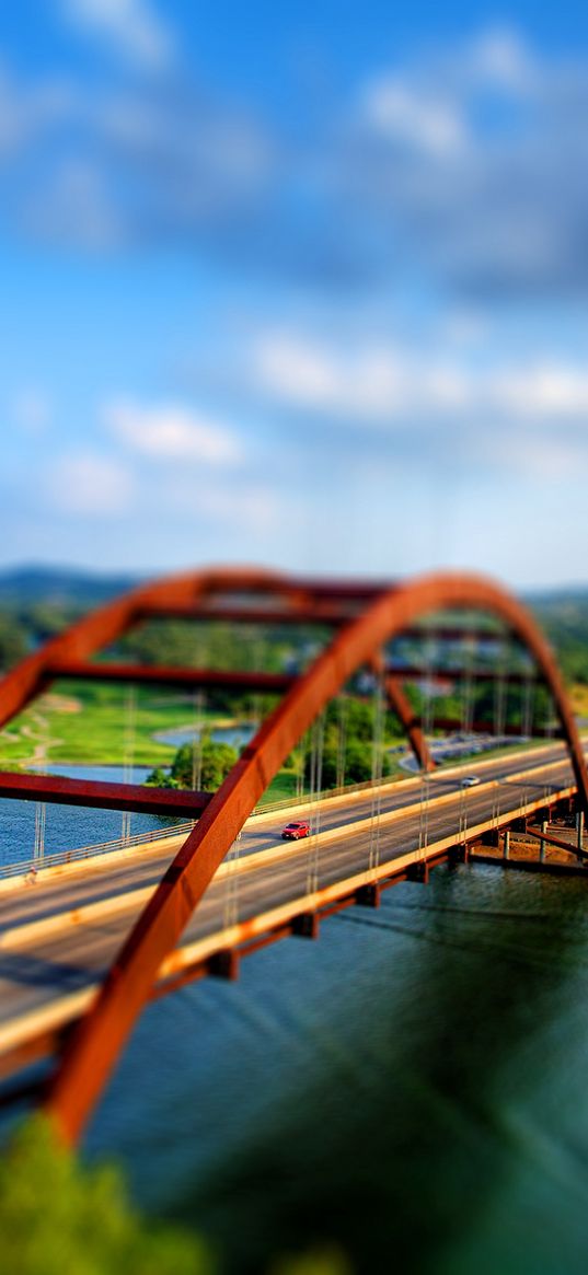 bridge, river, car, illusion, reduction, degradation