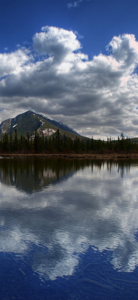 mountains, lake, panorama, surface, clouds, reflection