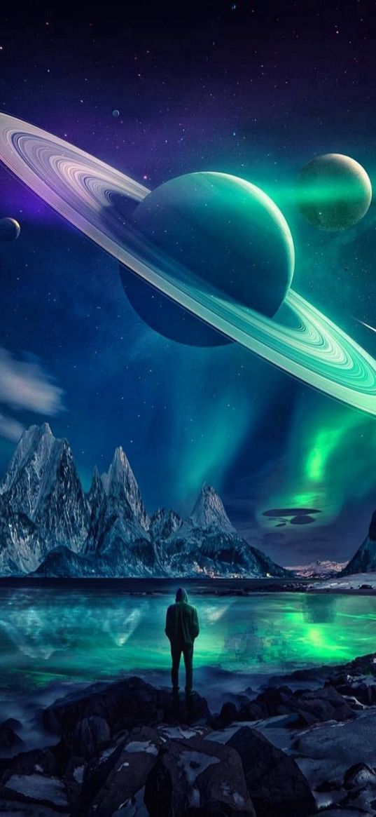 man, lake, saturn, planets, mountains, northern lights, night, science fiction