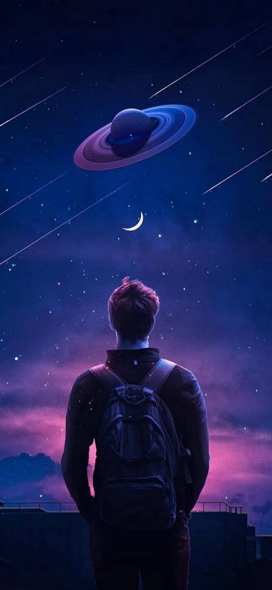 guy, backpack, house, sunset, saturn, stars, starfall, sky, night, fantasy