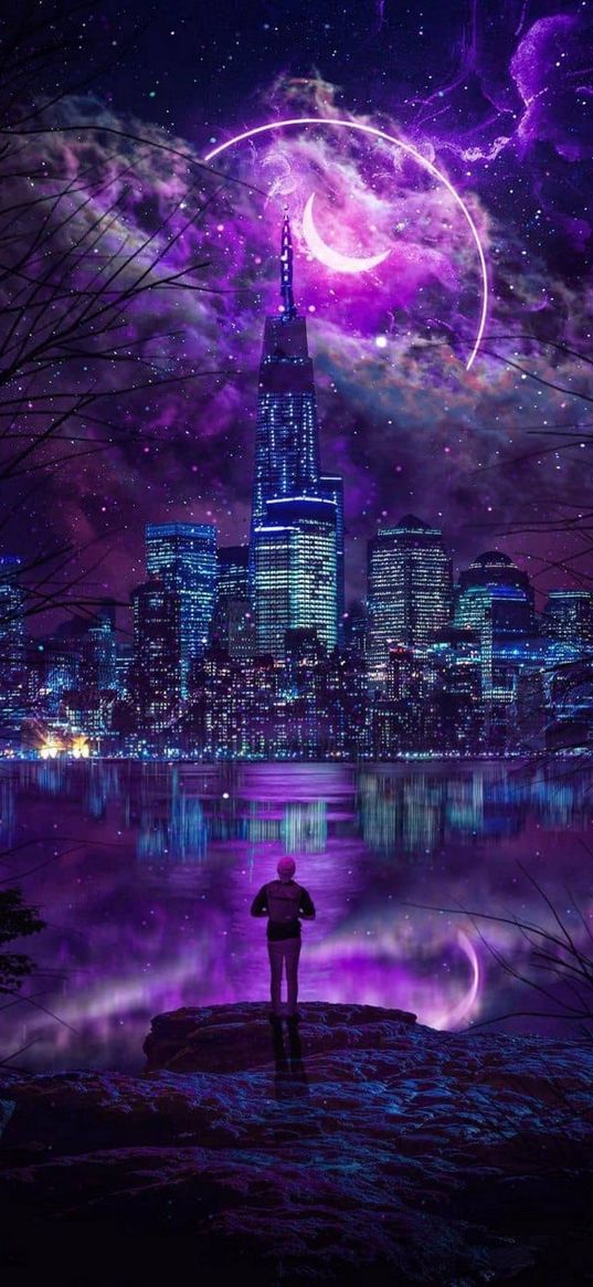 man, lake, skyscrapers, city, moon, clouds, stars, sky, night, fantasy