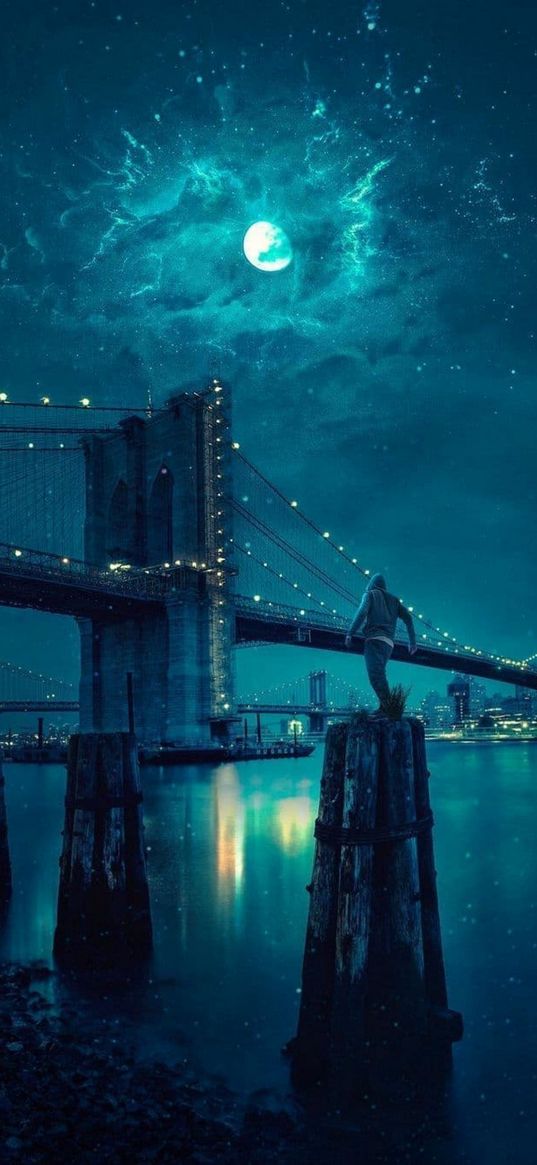 man, river, pillars, bridge, city, lights, moon, sky, night, fiction