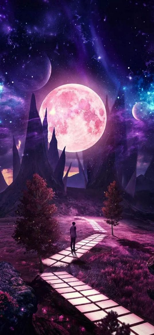 man, path, trees, rocks, moon, planets, stars, space, science fiction