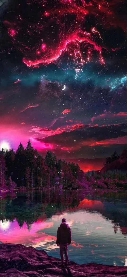 man, lake, reflection, forest, sunset, moon, stars, sky, night, fantasy