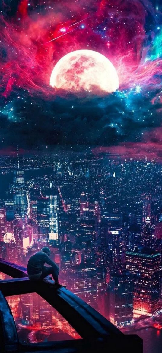 man, top, skyscrapers, city, lights, moon, nebula, stars, space, night, fantasy