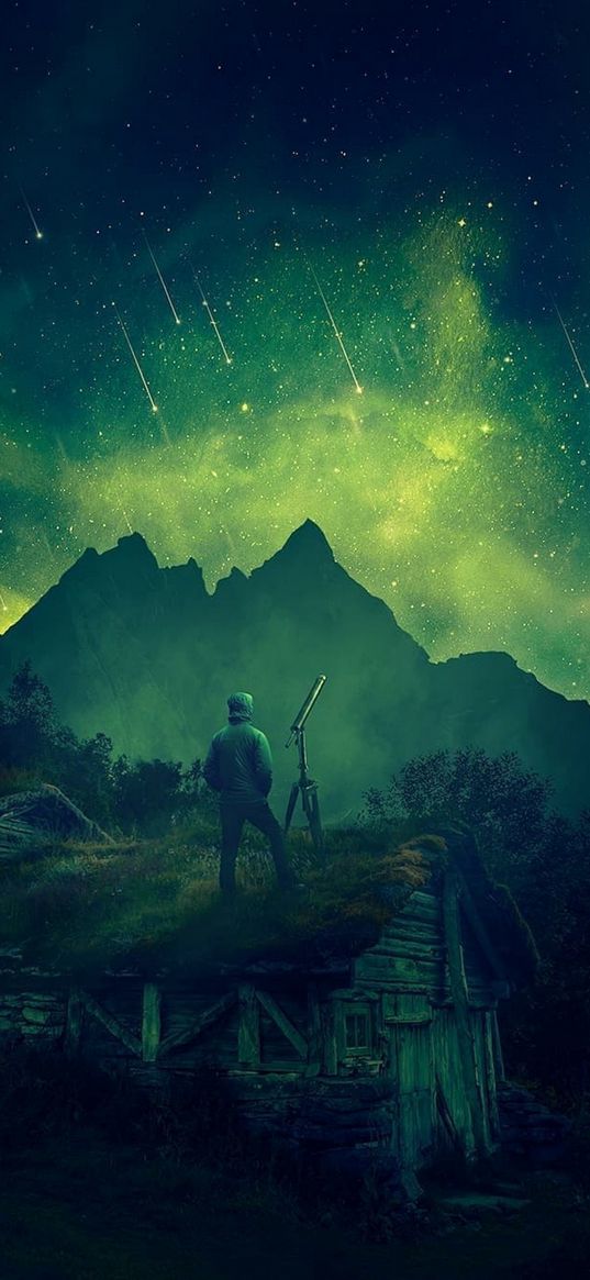 man, telescope, house, mountains, stars, starfall, night, green, nature