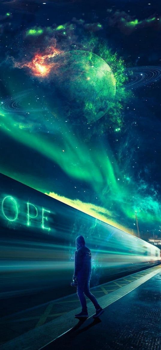 man, station, train, speed, hope, saturn, northern lights, night, fiction, art