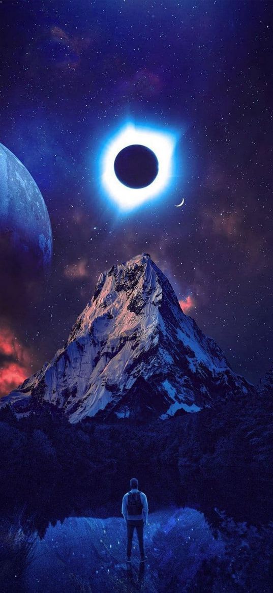 man, lake, forest, mountain, eclipse, planet, stars, night, fantasy