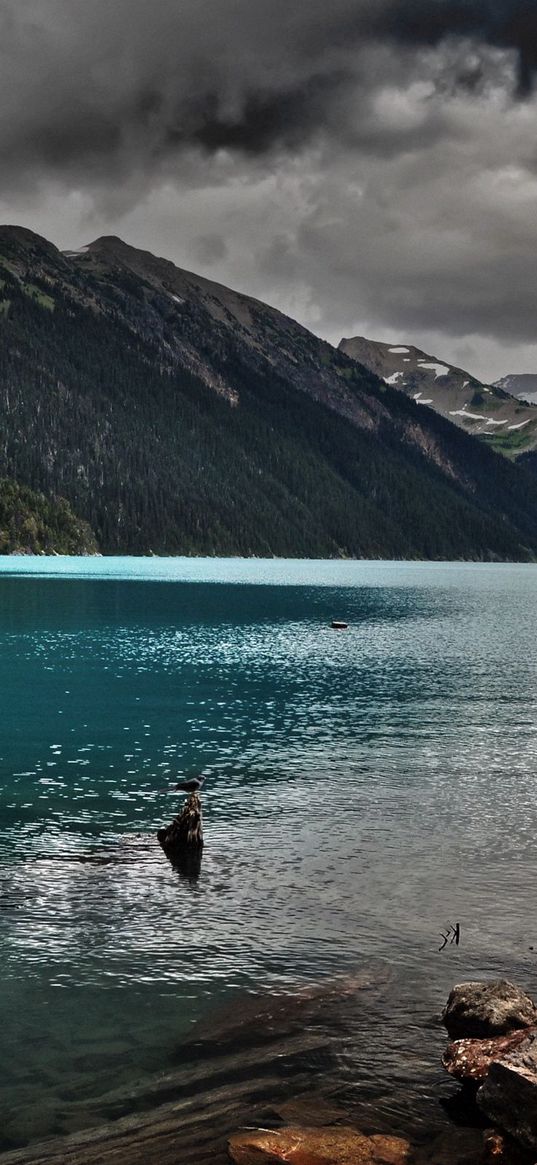 lake, mountains, stones, cloudy, despondency