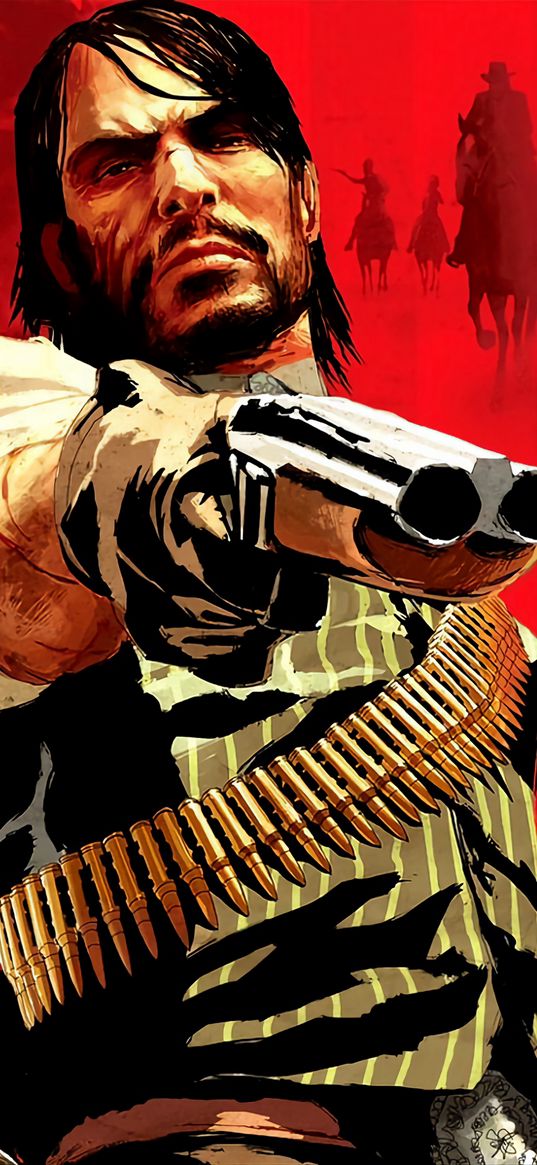 john martson, rdr, red dead redemption, game, man, cowboy, sawn-off shotgun, weapons, bullets, stars, red background, poster, art