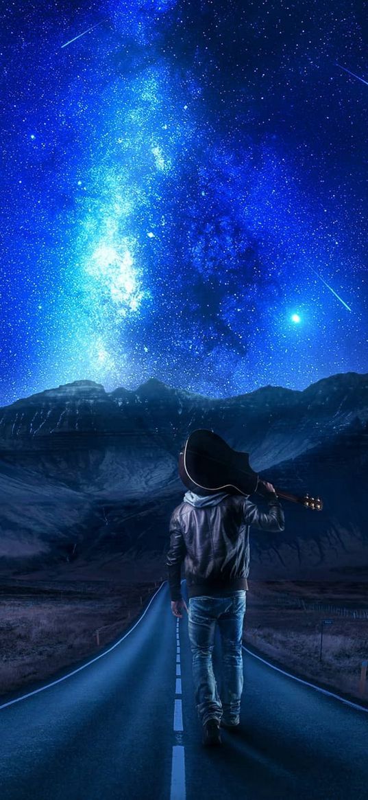 road, savannah, man, mountain, blue sky, stars, milky way, comet