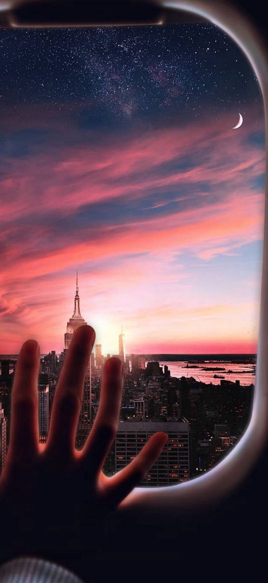 airplane, porthole, window, hand, city, sunset, moon