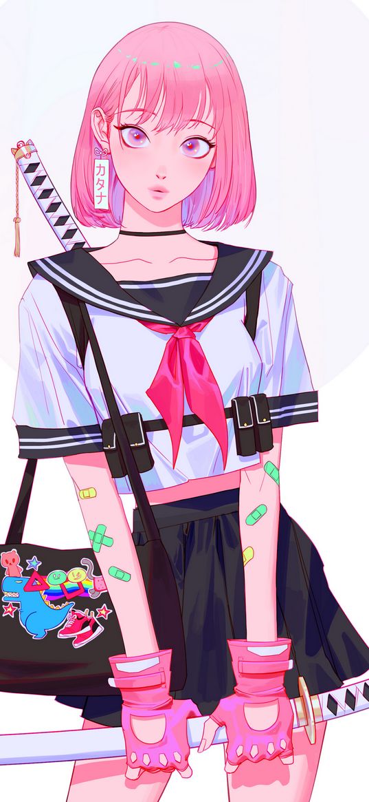 girl, anime, art, katana, school uniform, handbag, pink hair