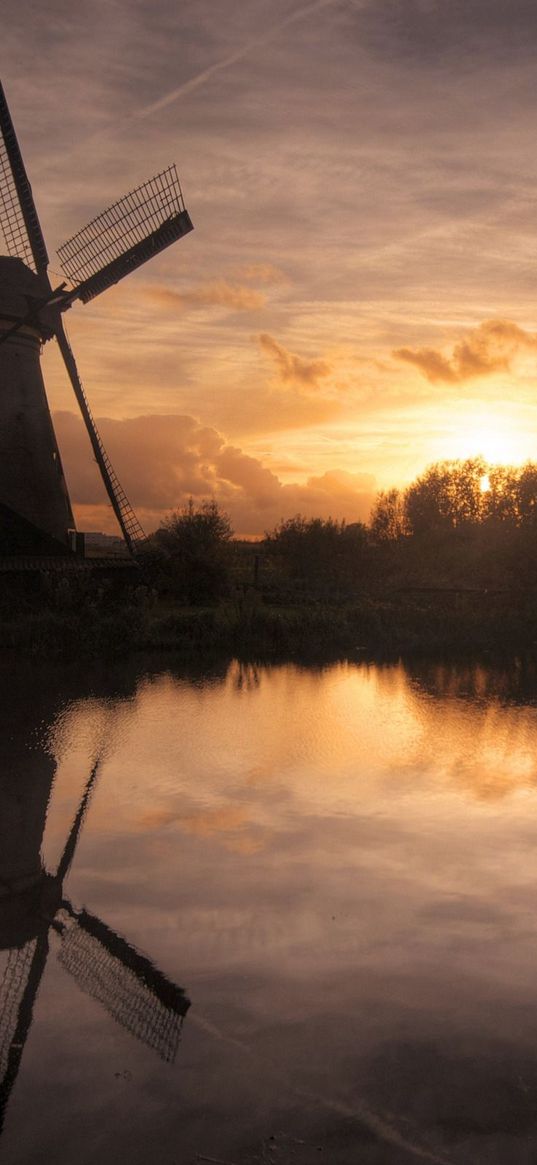 mill, decline, evening, lake