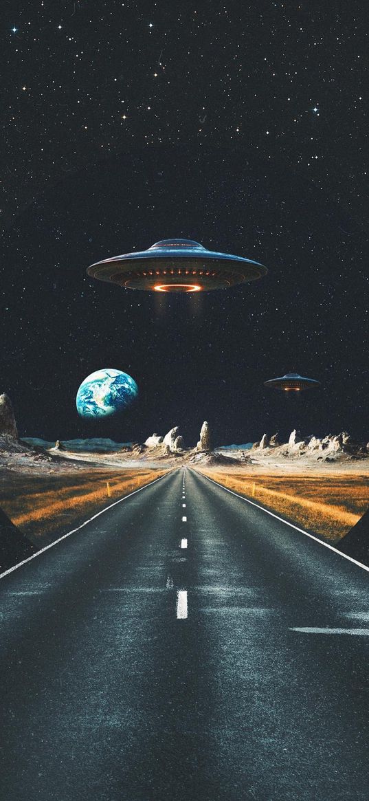 road, savannah, planet, comet, night, stars, flying saucer