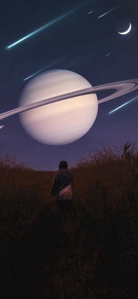 savannah, planet, saturn, moon, comets, blue sky, girl