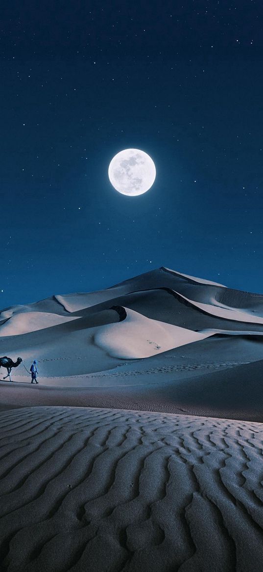 desert, dunes, sand, blue sky, stars, moon, caravan