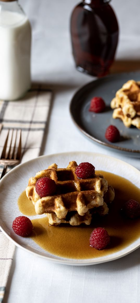 belgian waffles, waffles, raspberries, berries, maple syrup, dessert