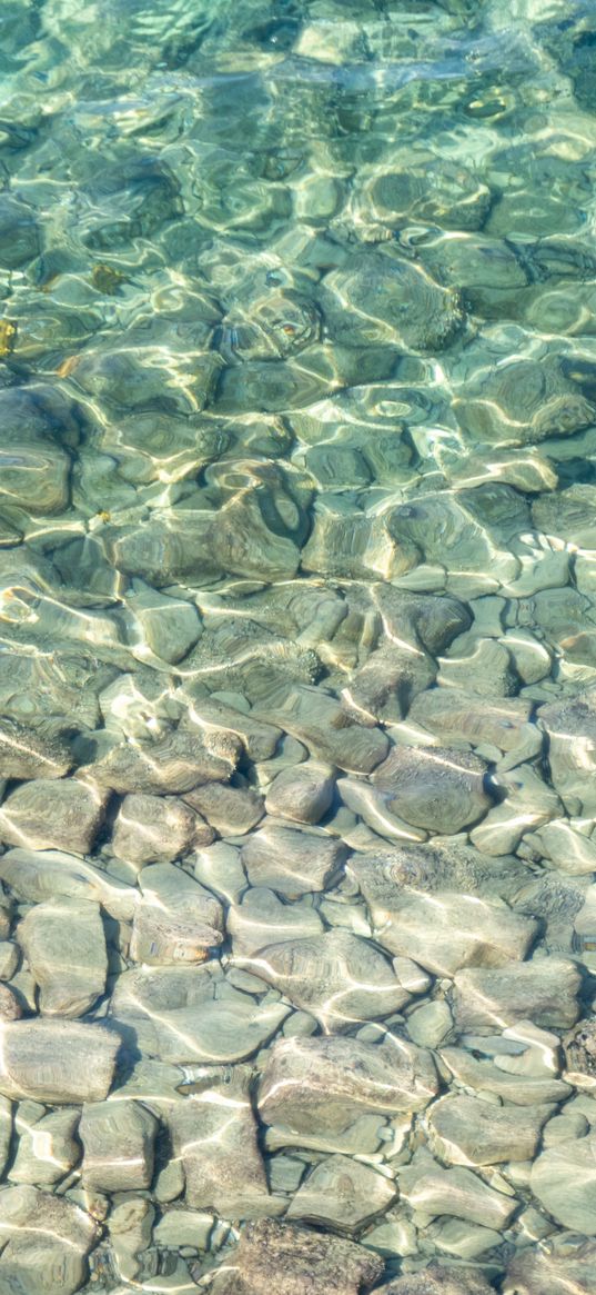 sea, water, bottom, stones, pebbles, glare