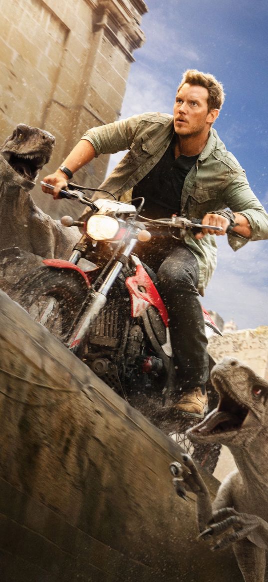 owen grady, chris pratt, actor, jurassic world, film, man, motorcycle, dinosaurs, chase, poster