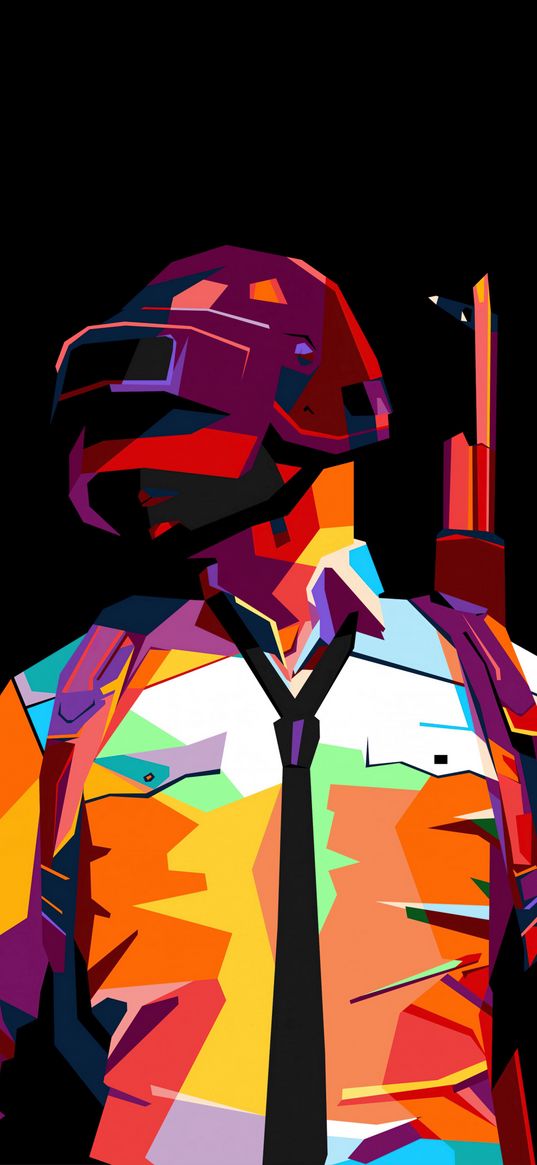 playerunknowns battlegrounds, pubg, game, character, helmet, weapon, multicolored, bright, black background, art