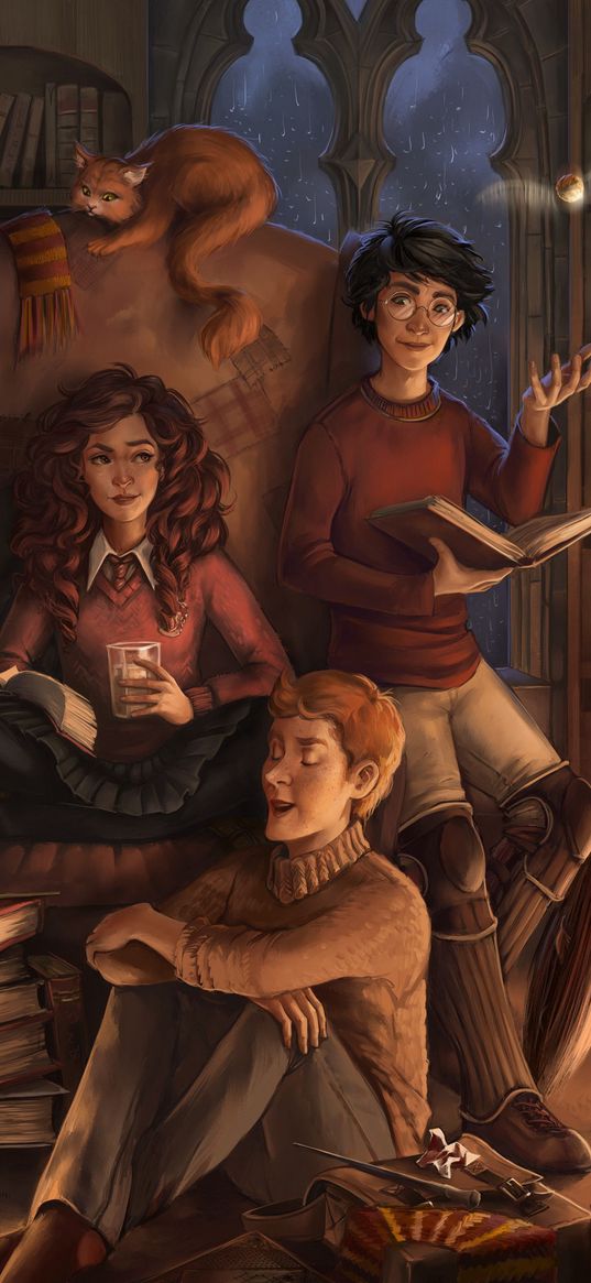 harry potter, ron weasley, hermione granger, movie, characters, friends, books, library, pumpkin, art