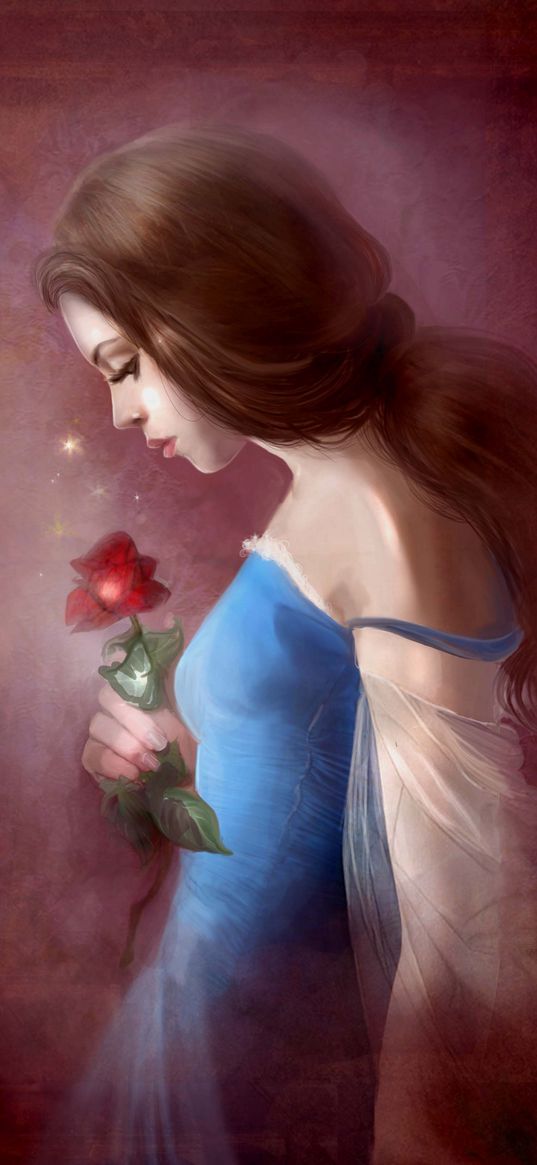 belle, beauty and the beast, fairy tale, princess, girl, rose, dress, sad, drawing, art