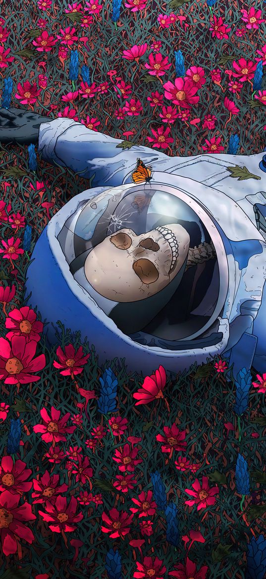 skull, skeleton, spacesuit, astronaut, butterfly, flowers, field, art